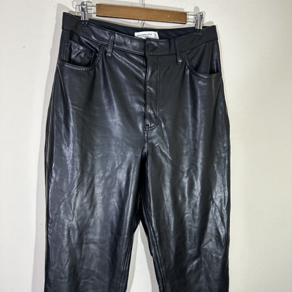 Abercrombie Fitch 90's Ultra High Rise Straight Pants Vegan Leather Black 31/12 - Picture 3 of 6
